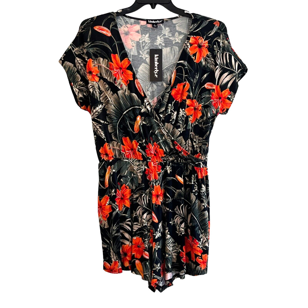 Kimberly C Romper Large Floral Print Short Sleeve V-Neck Elastic Waist Stretch